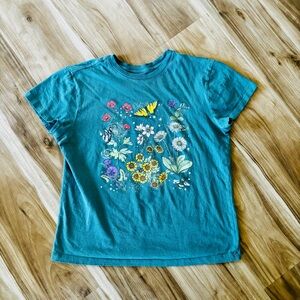 Teal Kids T-Shirt with Floral and Butterfly Design